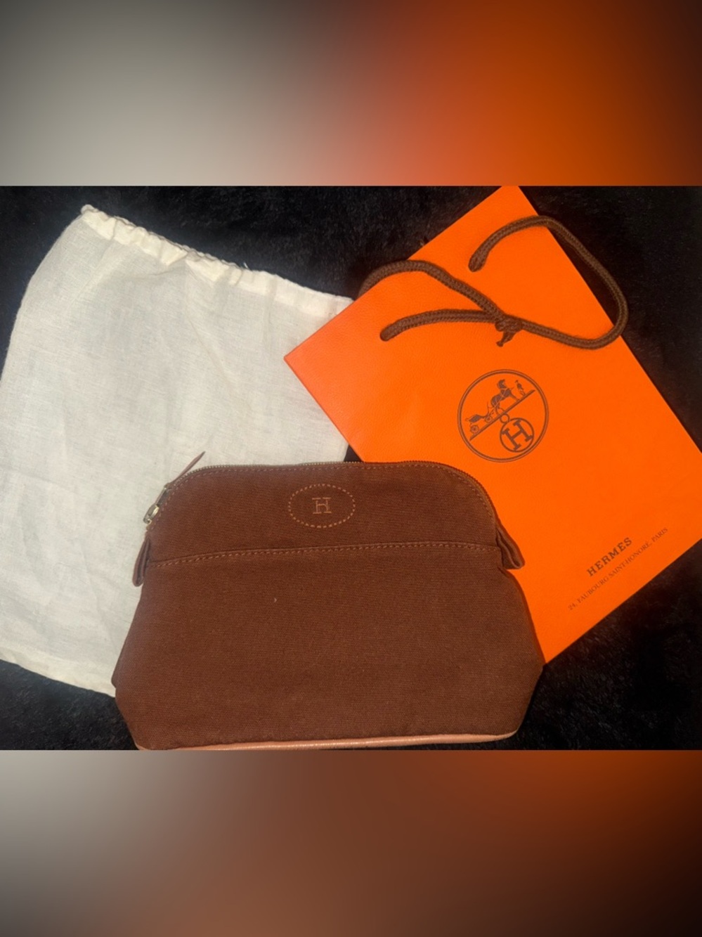 Hermes Brown Canvas Zip Pouch